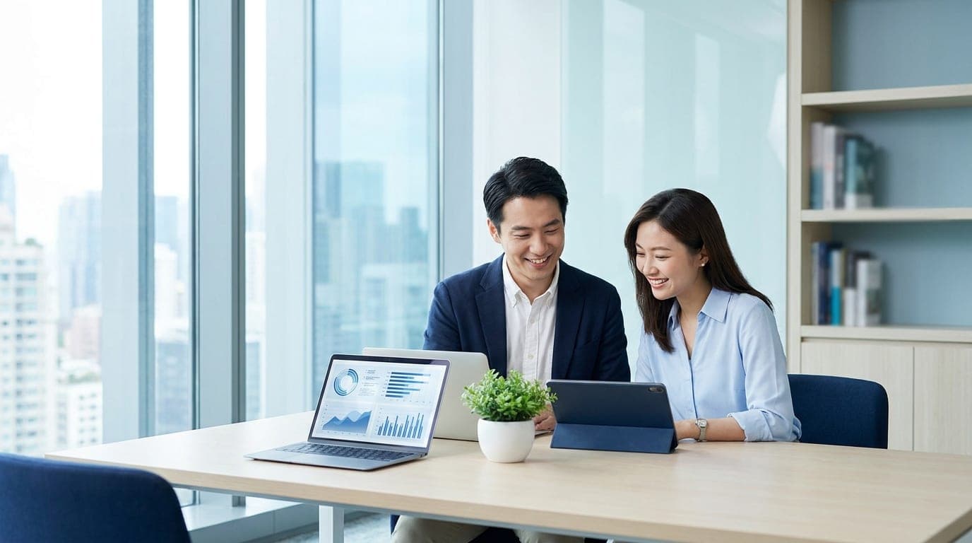 兩位企業人員在明亮的辦公室中一同檢視平板與筆電上的營運數據