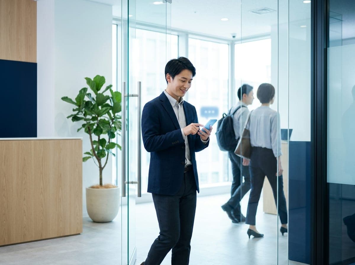 上班族走進辦公室時以手機完成打卡,同事於後方陸續到班